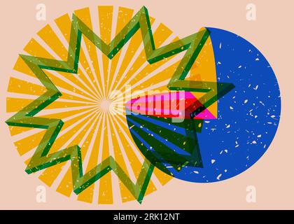 Colorful geometric shapes in risograph print texture style. Object in trendy riso graph design. Simple geometry elements. Stock Vector
