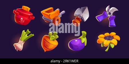 Ui farm game icon set o gardening tool and vegetable. Isolated cartoon vector food element collection with shovel and secateurs farmer equipment. Glossy and sparkle agriculture clipart for mobile app Stock Vector
