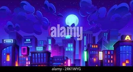 Night city landscape with neon lights on signboards, clouds and moon on sky under rooftops. Cartoon vector illustration of horizontal banner - urban street skyline or panorama with high buildings. Stock Vector