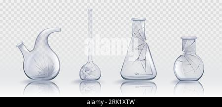 Broken glass laboratory chemical measuring flasks and test tubes in realistic vector illustration set. Crashed lab glassware with cracks, holes and scatters. Destroyed and crushed scientific equipment Stock Vector