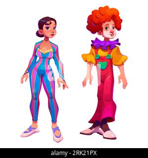 Female gymnast and circus clown characters isolated on white background. Vector cartoon illustration of male comedian performing on arena, beautiful woman in contortionist costume smiling on stage Stock Vector
