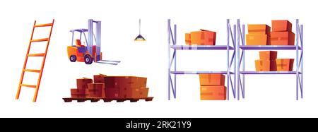 Warehouse interior with box and pallete vector. Forklift and rack equipment for hangar stockroom isolated clipart on white background. Distribution office icon design for goods in container shipment Stock Vector