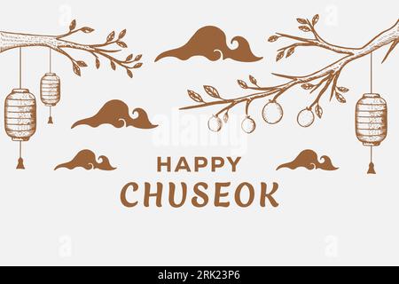 hand drawn happy chuseok background illustration vector design with trees and lanterns Stock Vector