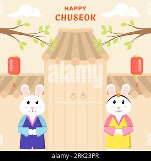 flat design vector happy chuseok illustration with two rabbits Stock Vector