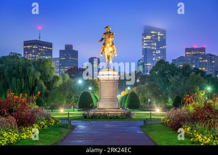 Boston, Massachusetts, USA skyline at the public garden at night. Stock Photo