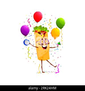 Mexican Tex Mex burrito character on holiday party. Child holiday greeting cartoon vector cheerful mascot, mexican food burrito meal happy personage p Stock Vector