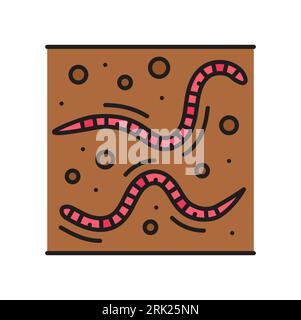 Earthworm soil composting, agriculture fertilizer color line icon. Garden compost and fertilizer outline vector icon with worms in ground. Agriculture Stock Vector