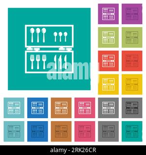 Flatware box multi colored flat icons on plain square backgrounds. Included white and darker icon variations for hover or active effects. Stock Vector