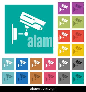 CCTV camera multi colored flat icons on plain square backgrounds. Included white and darker icon variations for hover or active effects. Stock Vector