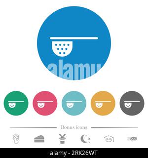 Tea stainer flat white icons on round color backgrounds. 6 bonus icons included. Stock Vector