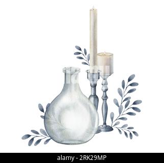 Set of glass jar, vase, candle, candlestick, branch. Watercolor hand drawn clipart isolated on white background. Halloween theme gothic horror witchy Stock Photo