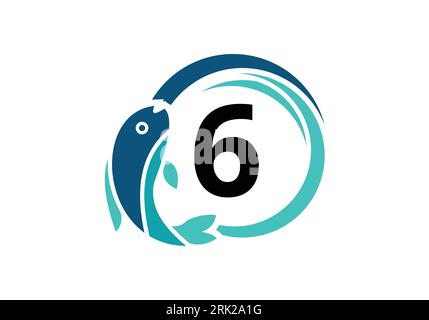 Letter 6 Fish Logo design. Water Animal icon. Font emblem. Modern vector logotype for business and company identity. Stock Vector