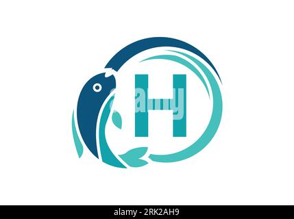 Letter H Fish Logo design. Water Animal icon. Font emblem. Modern vector logotype for business and company identity. Stock Vector