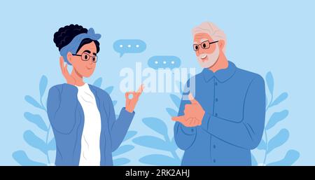 International day of sign languages. A pair of elderly deaf and mute people using sign language to communicate. A man and a woman with hearing Stock Vector