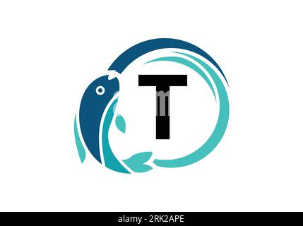 Letter T Fish Logo design. Water Animal icon. Font emblem. Modern vector logotype for business and company identity. Stock Vector