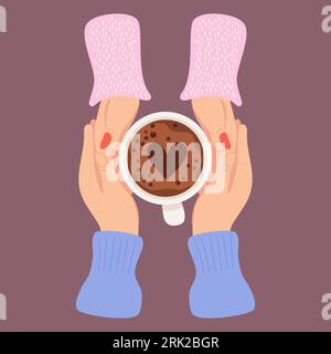 Male and female hands gently holding cup of coffee with foam and heart. Top view. Vector illustration. Hand drawn style for design, advertising, decor Stock Vector