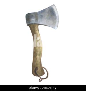 Watercolor hand drawn illustration of a tourist ax with a wooden handle. Clipart for postcards, stickers. Forest camping. Hiking ax Stock Photo