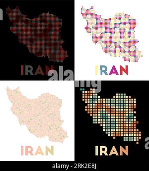 Collection of maps of Iran in dotted style. Borders of the country filled with rectangles for your design. Vector illustration. Stock Vector
