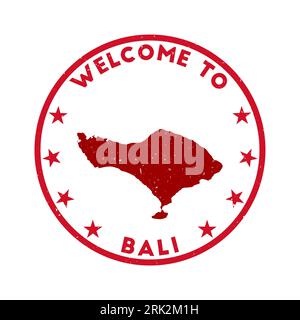Welcome to Bali stamp. Grunge island round stamp with texture in Super Rose Red color theme. Vintage style geometric Bali seal. Stock Vector