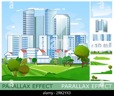 View of city from afar. Big skyscrapers and small houses on the outskirts. set of slides to create parallax image layer. Cartoon style. Isolated on Stock Vector