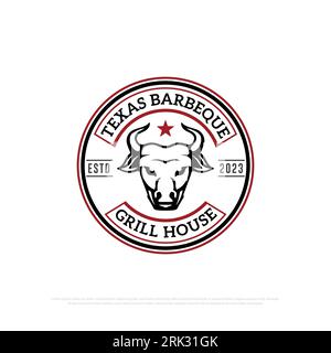 Texas Barbeque Grill house logo design vector, retro grill house and bar or restaurant icon vector illustrations emblem template Stock Vector