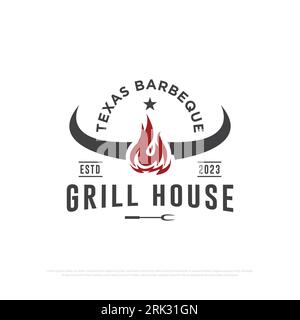 Texas Grill house logo design vector, retro grill house and bar or restaurant icon vector illustrations emblem template Stock Vector