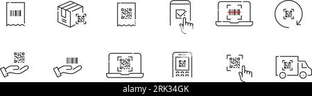 Qr code and barcode icons. Payment terminal, delivery tracking and approved link. Pixel perfect, editable stroke Stock Vector