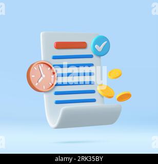 3d Bill with clock and golden coins Stock Vector