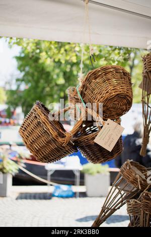 Wicker baskets on display in a market stall Stock Photo