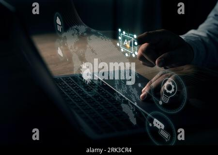 Man uses AI, machine learning, and artificial intelligence technology. chat on computer digital assistant big data concept Chat with AI Stock Photo