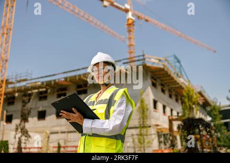 Smiling female construction worker in protective helmet standing against on construction background  Stock Photo