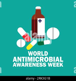 World Antimicrobial Awareness Week. Vector illustration with pills and bottle. Suitable for greeting card, poster and banner Stock Vector