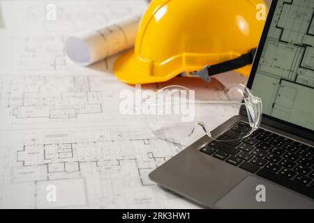Architecture working plans engineer, equipment, architects, and designersConstruction blueprint project document On the desk in the office are enginee Stock Photo