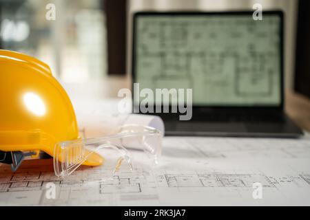 Architecture working plans engineer, equipment, architects, and designersConstruction blueprint project document On the desk in the office are enginee Stock Photo