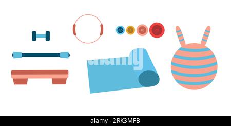 Various sports equipment. Fitness equipment, gym accessories. Dumbbells, mat and fitball, exercise rings, step. The concept of a healthy lifestyle Stock Vector