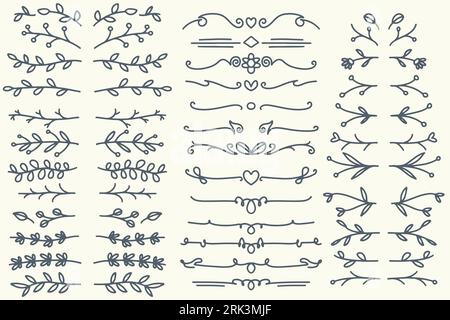Thirty five Hand drawn vector dividers. Lines, borders and laurels set. Doodle design elements isolated on white background. Stock Vector