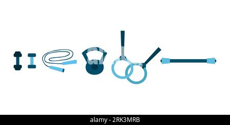 Various sports equipment. Fitness equipment, gym accessories. Dumbbells, jump rope and sports rings. The concept of a healthy lifestyle. Vector hand Stock Vector