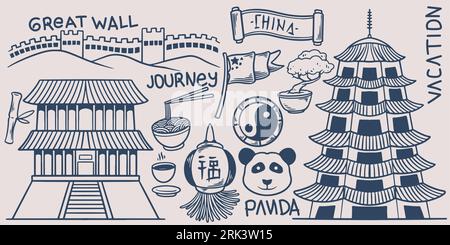 Hand drawing doodle trip travel elements set go to china with great wall , temple, panda, noodle, flag, yin yang and lantern. Stock Vector