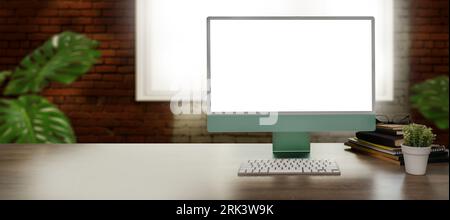 Laptop with blank screen on table. room with decorations and copy space computer with blank copy space screen for your advertising text message Stock Photo