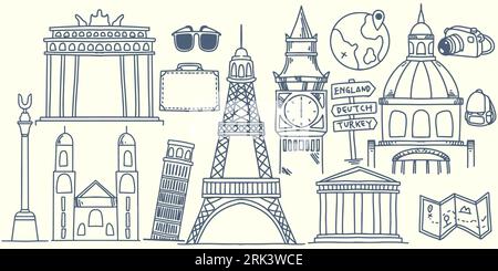 Hand drawing doodle travel elements trip to europe with tourist equipment, iconic europe landmark like big bang, eiffel tower, palace, church, museum, Stock Vector