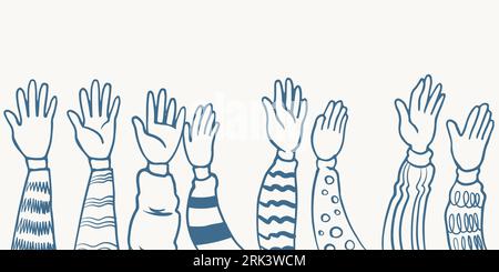 Hand drawn eight hands five clapping ovation illustration sketch isolated on white background with different clothes style. Stock Vector