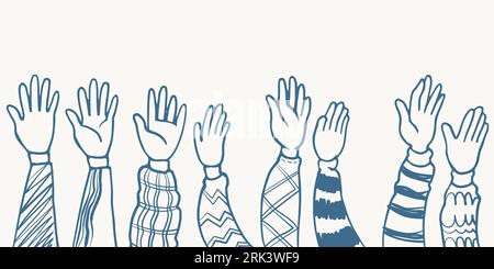 hand drawn eight hands five clapping ovation illustration sketch isolated on white background with different clothes style. Stock Vector