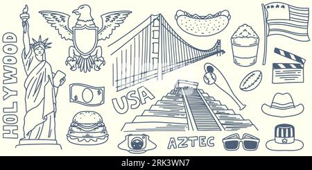 Hand drawing doodle travel elements trip to america with tourist equipment, bridge, liberty statue, eagle and american flag isolated on white backgrou Stock Vector