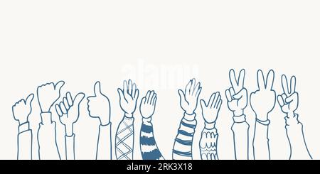 hand drawn hands five, thumb up and peace pose clapping ovation illustration sketch isolated on white background with different clothes. Stock Vector