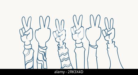 hand drawn six hands clapping ovation illustration sketch isolated on white background with peace pose in different clothes. Stock Vector