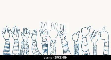 hand drawn hands five, thumb up and peace pose clapping ovation illustration sketch isolated on white background with different clothes. Stock Vector