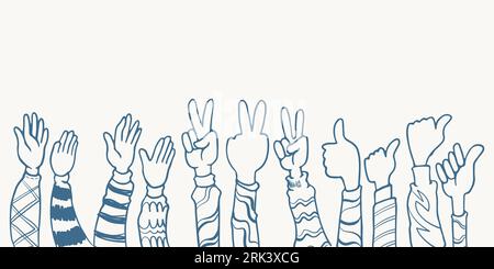 hand drawn hands five, thumb up and peace pose clapping ovation illustration sketch isolated on white background with different clothes. Stock Vector