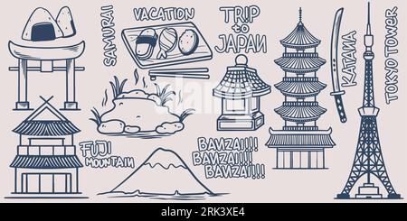 Hand drawing doodle trip travel elements set go to japan with fuji mountain, samurai, sushi, temple, katana, tower and house of japanese. Stock Vector