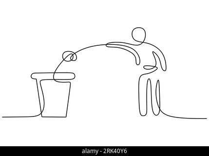 One continuous single line of man throw rubbish in trash can isolated on white background. Stock Vector