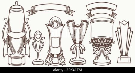 Six big Hand drawn set medal drawing isolated on white background. Doodle medal and champion trophy cup Hand drawn award decorative elements. Stock Vector